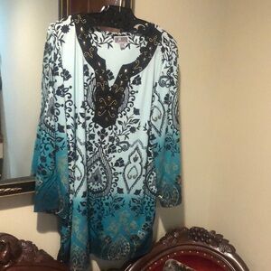 JM Collection Black and Blue Patterned Top